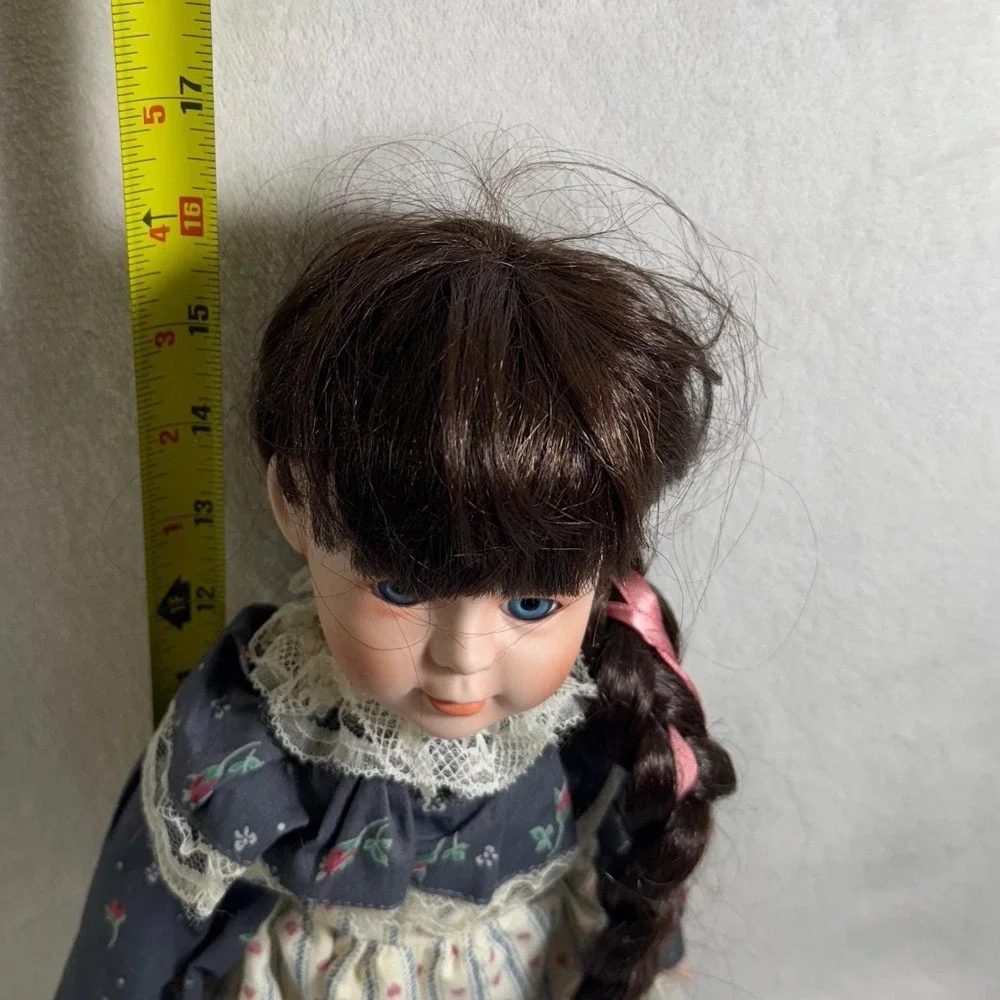Doll House Porcelain Doll‎ VTG Blue Eyes Braided Hair Floral Dress